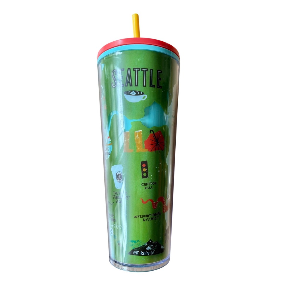 Starbucks Seattle Discovery Series 24oz Cold Cup Tumbler Red Lid Yellow Straw